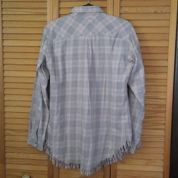 Current/Elliot NWT Prep School Fray Hem Pink Tinsel Plaid Button Up Shirt Size 2 - Picture 3 of 11
